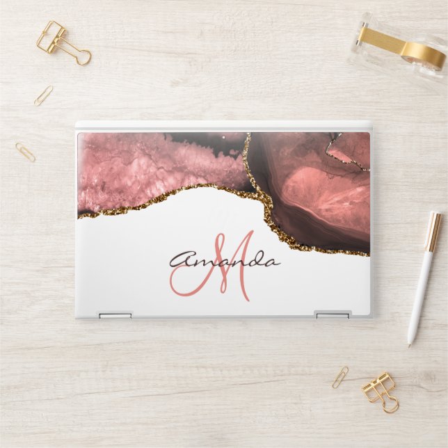 Rose Gold Agate Stone Personalized Monogram HP Laptop Skin (Desk)