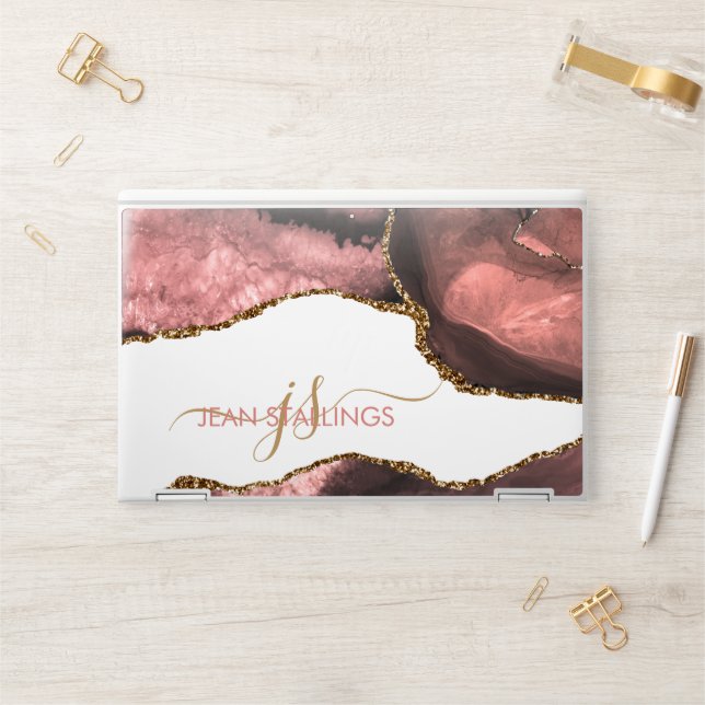 Rose Gold Agate Stone Personalized Monogram Script HP Laptop Skin (Desk)