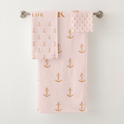 Rose gold anchor nautical pattern pink monogram bath towel set