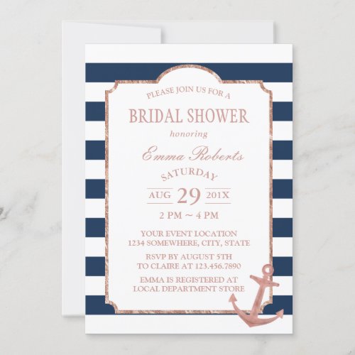 Rose Gold Anchor Nautical Stripes Bridal Shower Invitation