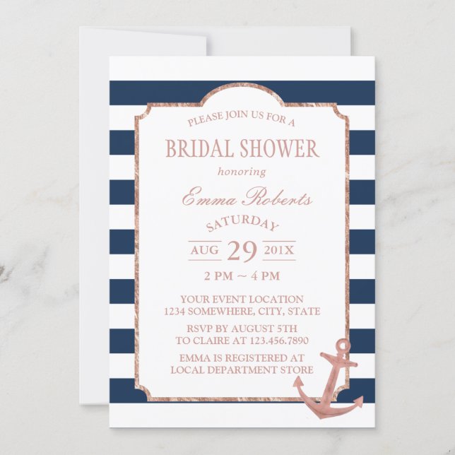 Rose Gold Anchor Nautical Stripes Bridal Shower Invitation (Front)
