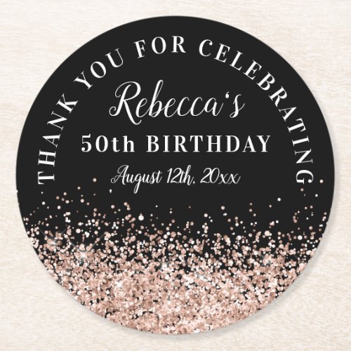 Rose Gold and Black 50th Birthday Thank You Favor Round Paper Coaster