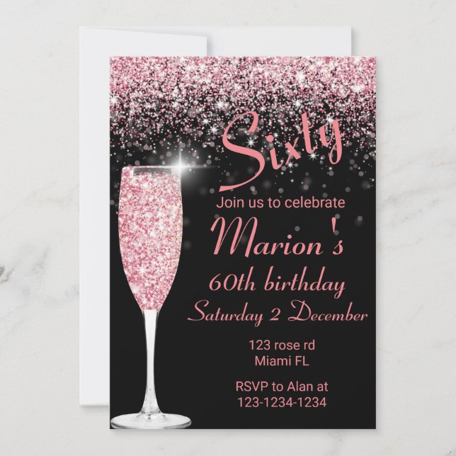 Rose gold and black 60th birthday invitation (Front)