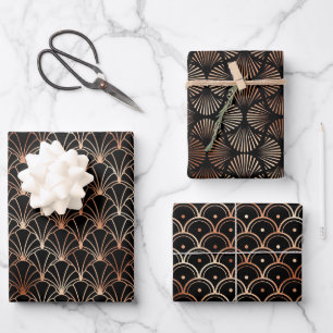 Rose Gold and Black Art Deco Patterns Wrapping Paper Sheets