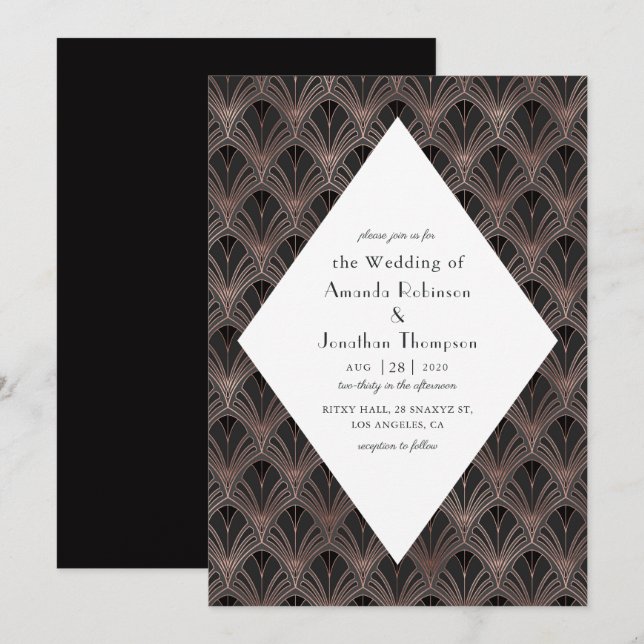 Rose Gold and Black Art Deco Wedding Invitation (Front/Back)