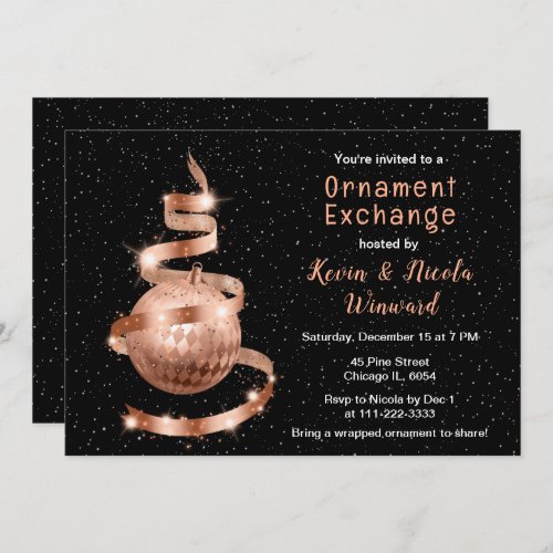 Rose Gold and Black Christmas Ornament Exchange Invitation