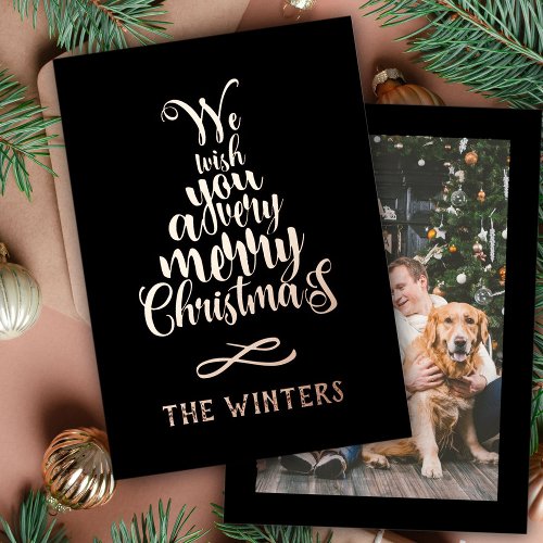 Rose Gold and Black Christmas Tree Lettering Photo Foil Holiday Card