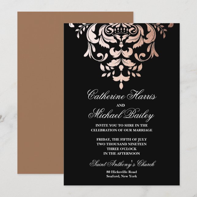 Rose Gold and Black Demask faux foil Wedding Invitation (Front/Back)
