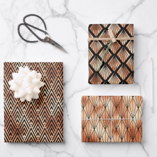 Rose Gold and Black Diamond Art Deco Patterns Wrapping Paper Sheets