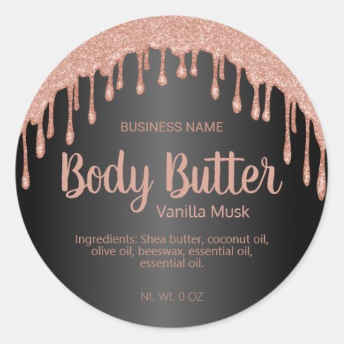 Rose Gold And Black Drip Glitter Body Butter Label