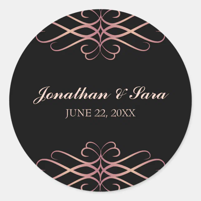 Rose Gold and Black, Elegant Personalized Wedding Classic Round Sticker ...