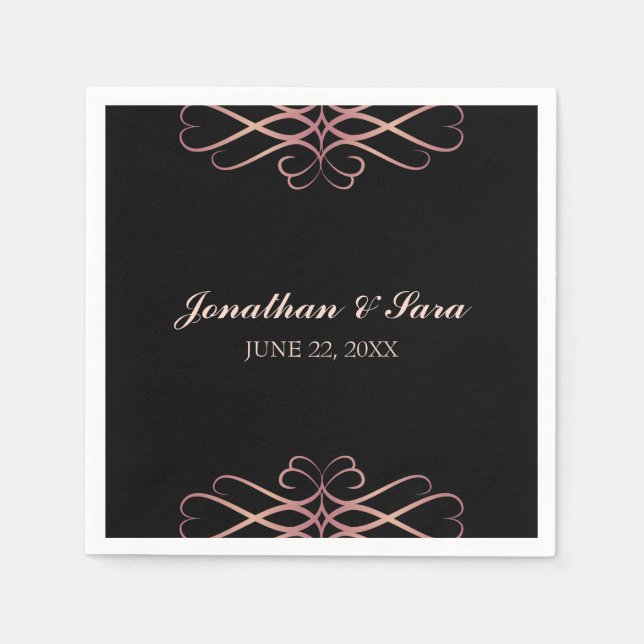 Rose Gold and Black, Elegant Personalized Wedding Napkins (Front)