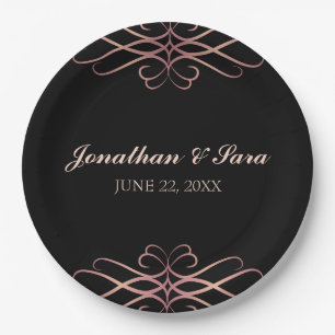 Rose Gold and Black, Elegant Personalized Wedding Paper Plates