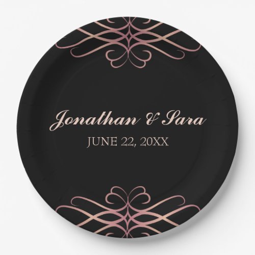 Rose Gold and Black Elegant Personalized Wedding Paper Plates