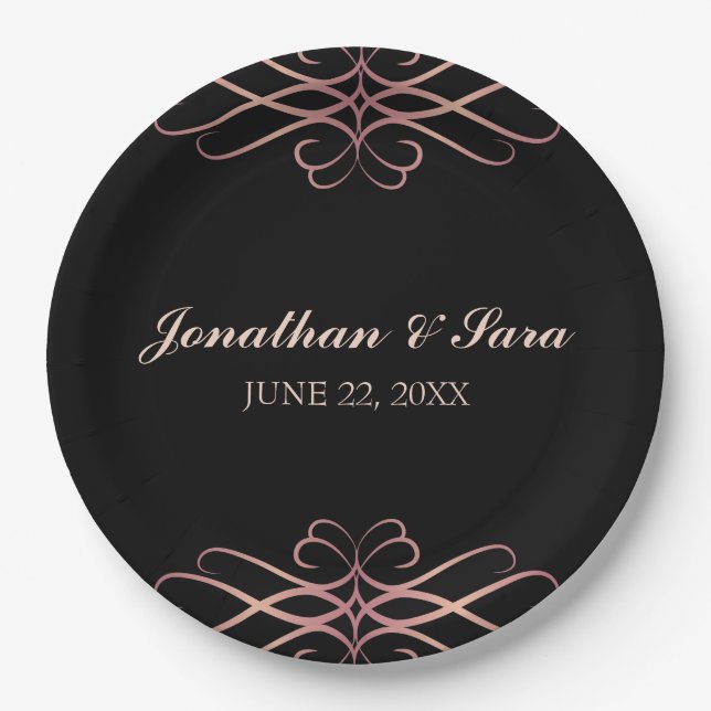 Rose Gold and Black, Elegant Personalized Wedding Paper Plates (Front)