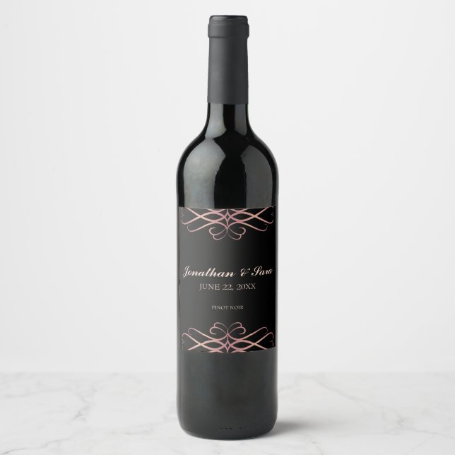 Rose Gold and Black, Elegant Personalized Wedding Wine Label (Front)