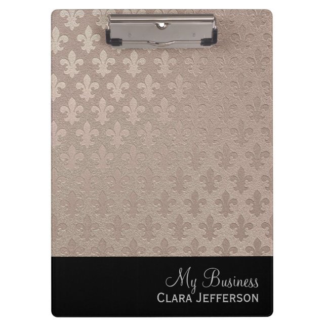 Rose gold and black fleur de lis metallic pattern clipboard (Front)