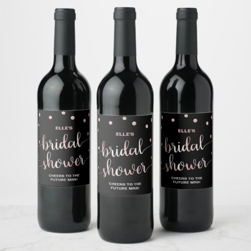 Rose Gold and Black  Glam Confetti Bridal Shower Wine Label