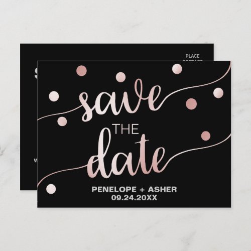 Rose Gold and Black  Glam Confetti Save the Date Announcement Postcard