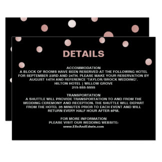 Rose Gold and Black Glam Confetti Wedding Details Card