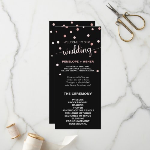 Rose Gold and Black Glam Confetti Wedding Program