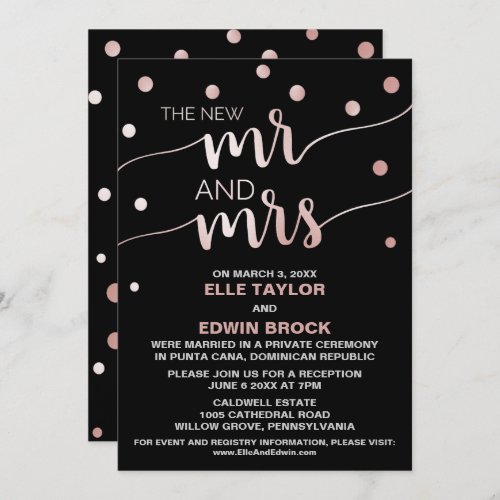 Rose Gold and Black  Glam Elopement Reception Invitation