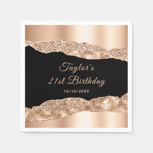 Rose Gold and Black Glam Tears Birthday Party Napkins (Front)