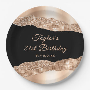 Rose Gold and Black Glam Tears Birthday Party Paper Plates