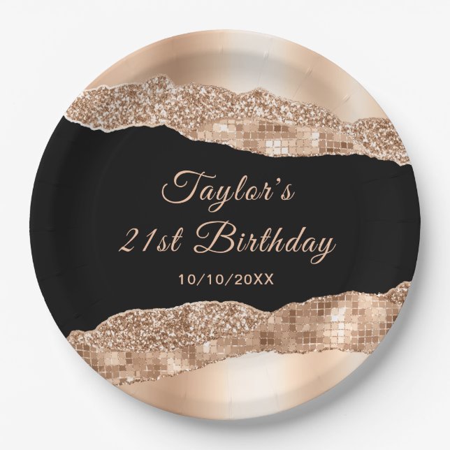 Rose Gold and Black Glam Tears Birthday Party Paper Plates (Front)