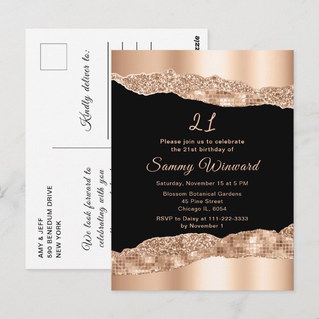 Rose Gold and Black Glam Tears Birthday Party Postcard (Front/Back)