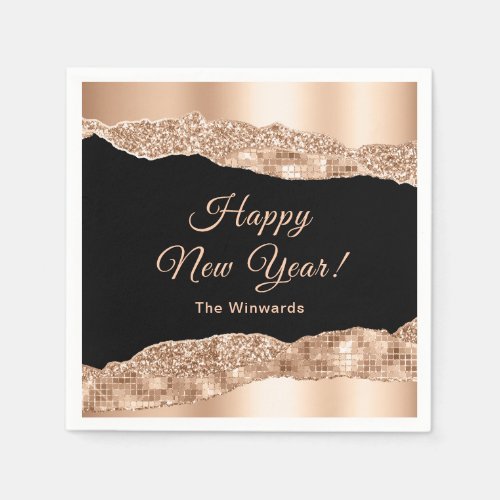 Rose Gold and Black Glam Tears Happy New Year Napkins