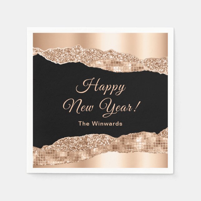 Rose Gold and Black Glam Tears Happy New Year Napkins (Front)