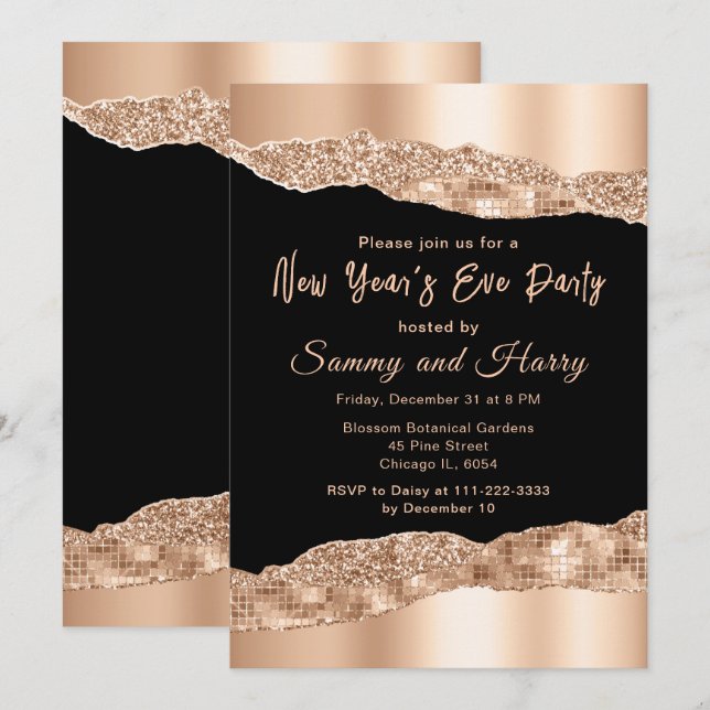 Rose Gold and Black Glam Tears New Year's Party Invitation (Front/Back)