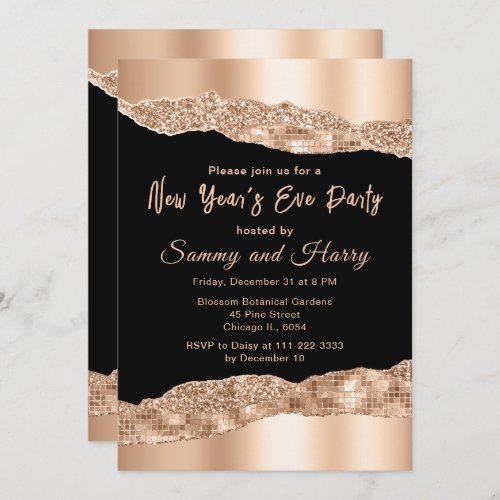 Rose Gold and Black Glam Tears New Years Party Invitation
