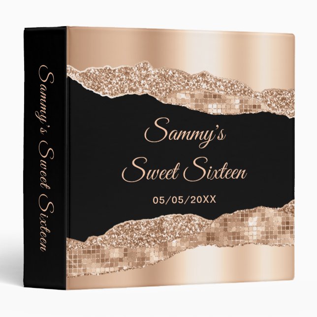 Rose Gold and Black Glam Tears Sweet Sixteen 3 Ring Binder (Front/Spine)