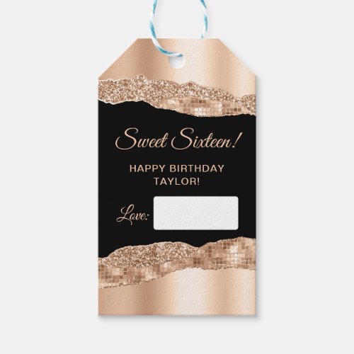 Rose Gold and Black Glam Tears Sweet Sixteen Gift Tags