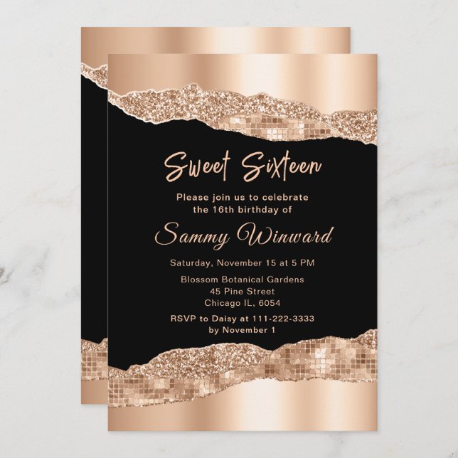 Rose Gold and Black Glam Tears Sweet Sixteen Invitation (Front/Back)