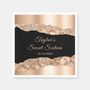 Rose Gold and Black Glam Tears Sweet Sixteen Napkins
