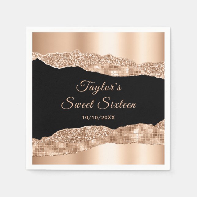 Rose Gold and Black Glam Tears Sweet Sixteen Napkins (Front)