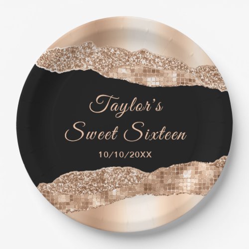 Rose Gold and Black Glam Tears Sweet Sixteen Paper Plates