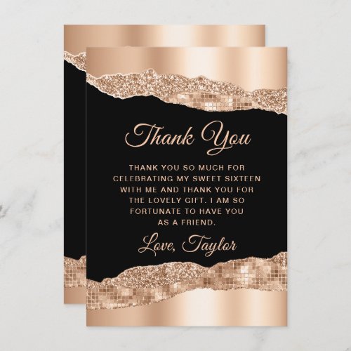 Rose Gold and Black Glam Tears Sweet Sixteen Thank You Card