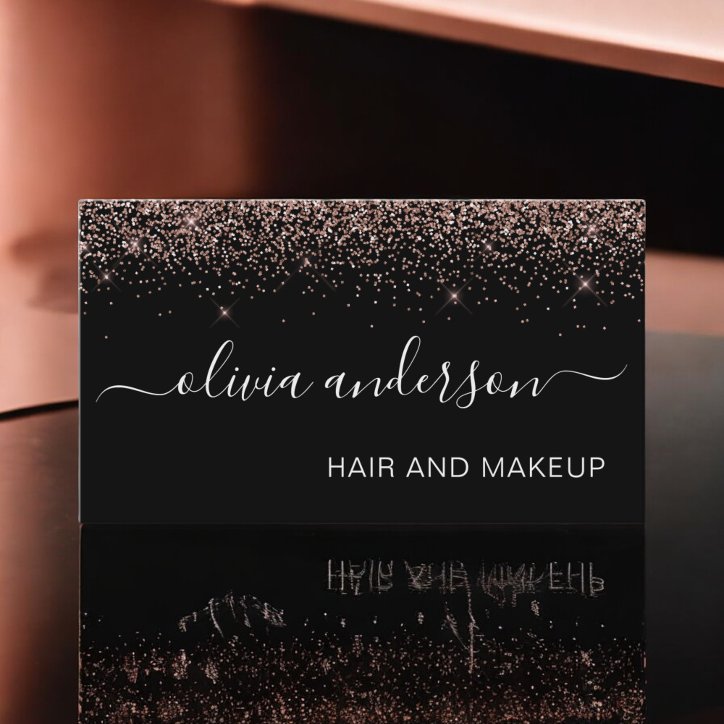Rose Gold And Black Glitter Hair Makeup Salon Business Card