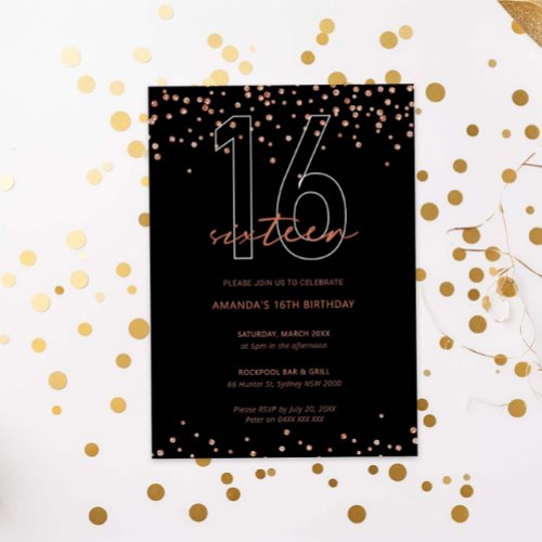 Rose gold and black glitter sparkle 16th birthday invitation