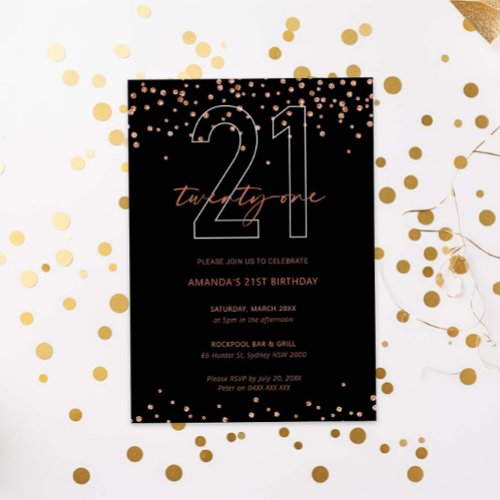 Rose gold and black glitter sparkle 21st birthday invitation