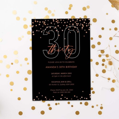 Rose gold and black glitter sparkle 30th birthday invitation