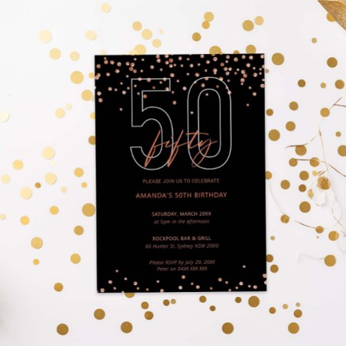 Rose gold and black glitter sparkle 50th birthday invitation