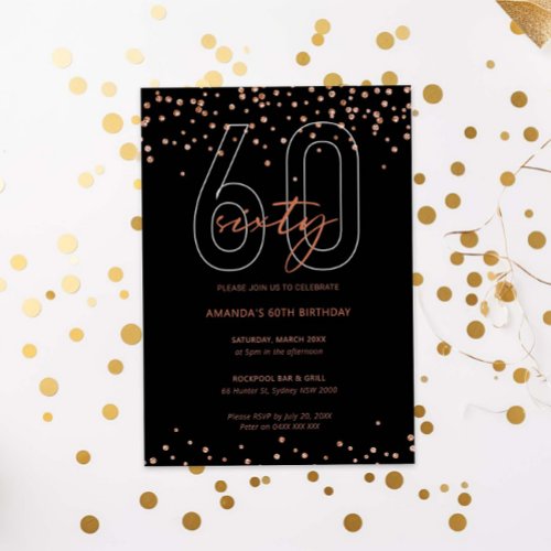Rose gold and black glitter sparkle 60th birthday invitation