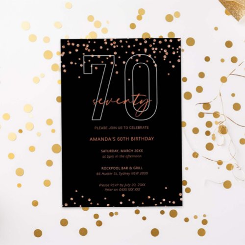 Rose gold and black glitter sparkle 70th birthday invitation