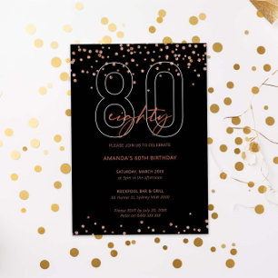 Rose gold and black glitter sparkle 80th birthday invitation
