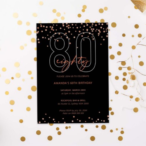 Rose gold and black glitter sparkle 80th birthday invitation